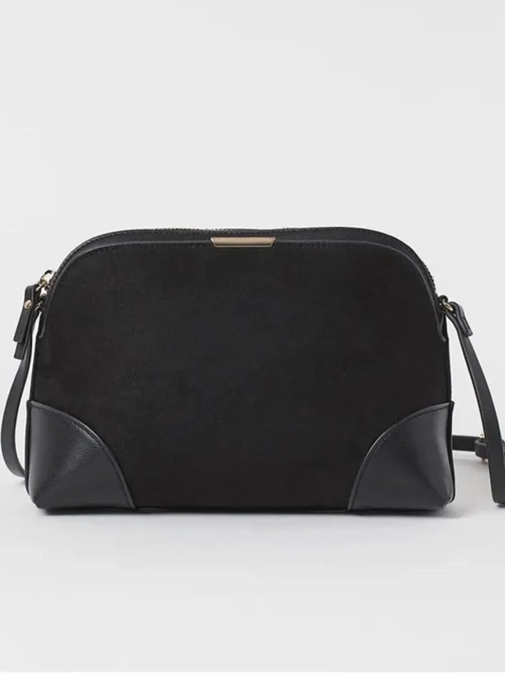 H&M Black Crossbody Dome Bag -Faux Leather & Suede w/Gold Hardware 6”x7”